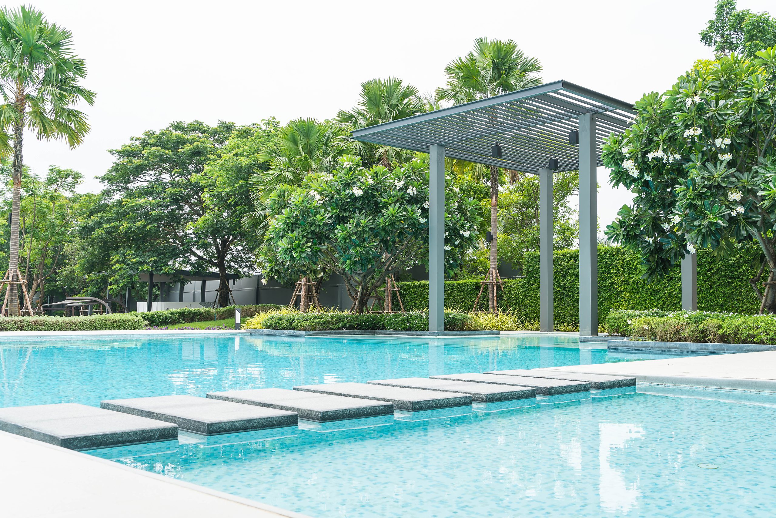 Beautiful luxury swimming pool with palm tree - Boost up color Processing